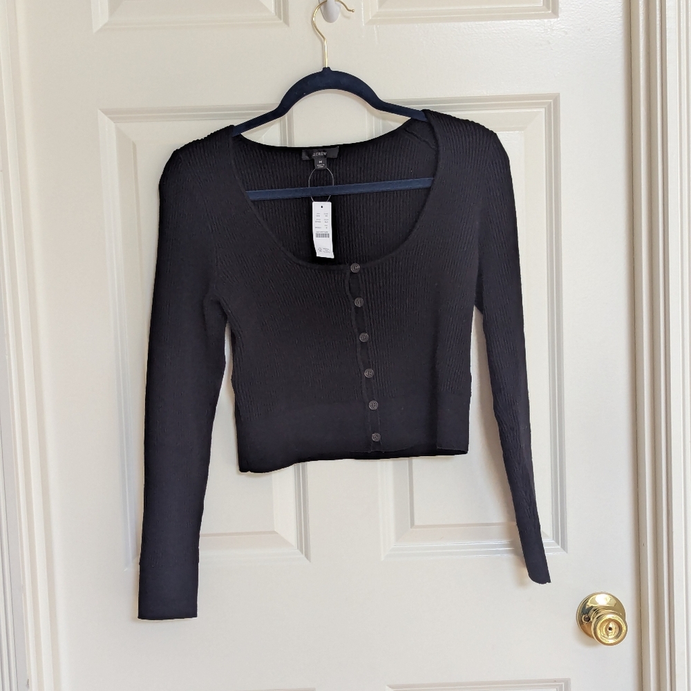 J.Crew Scoop Neck Button Up Stretch Viscose Long Sleeve Cardigan Top, Sz M Black - Picture 4 of 8